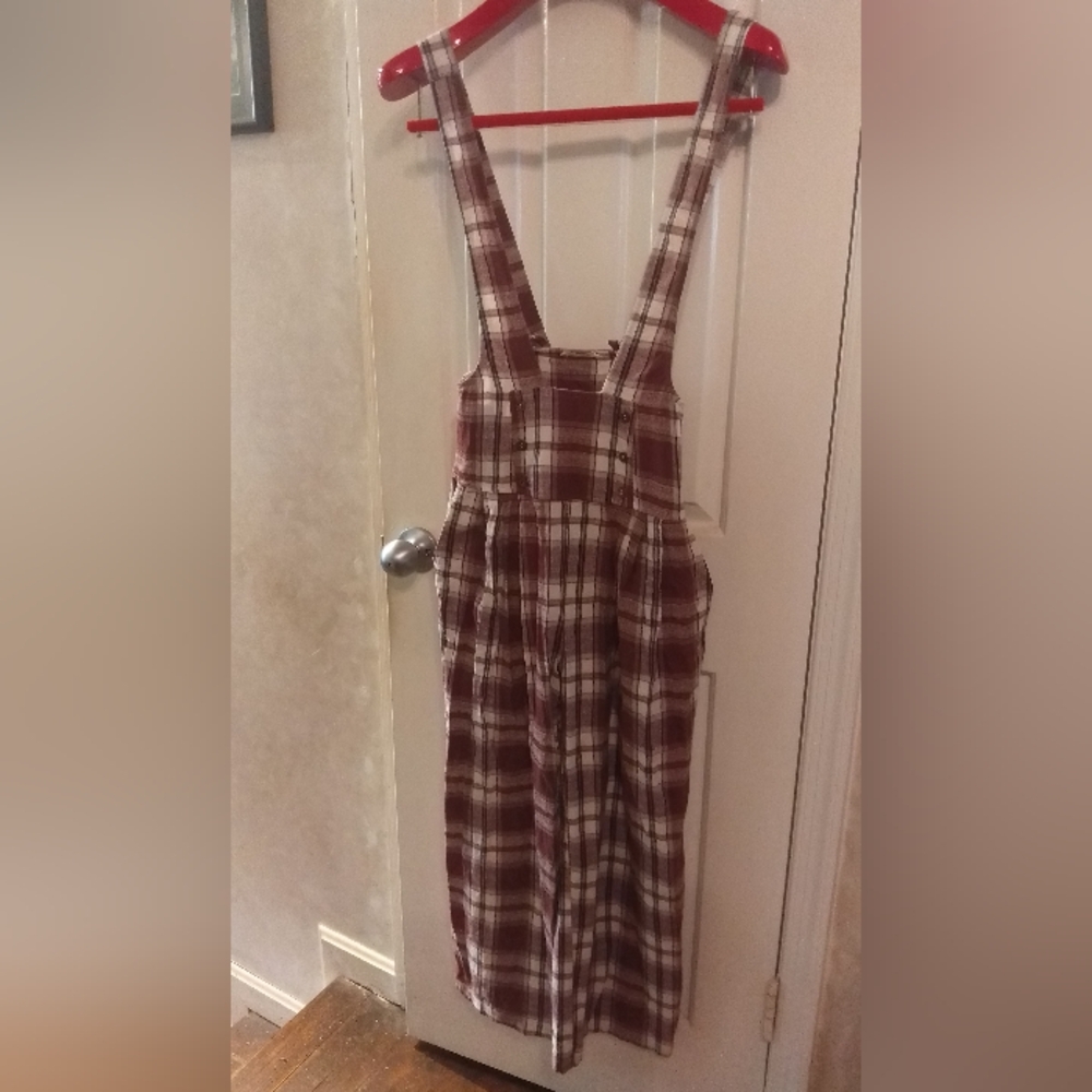 Plaid Overalls In Thick Cotton, Maroon/White/Black/Tan, Side Pockets, Size Small